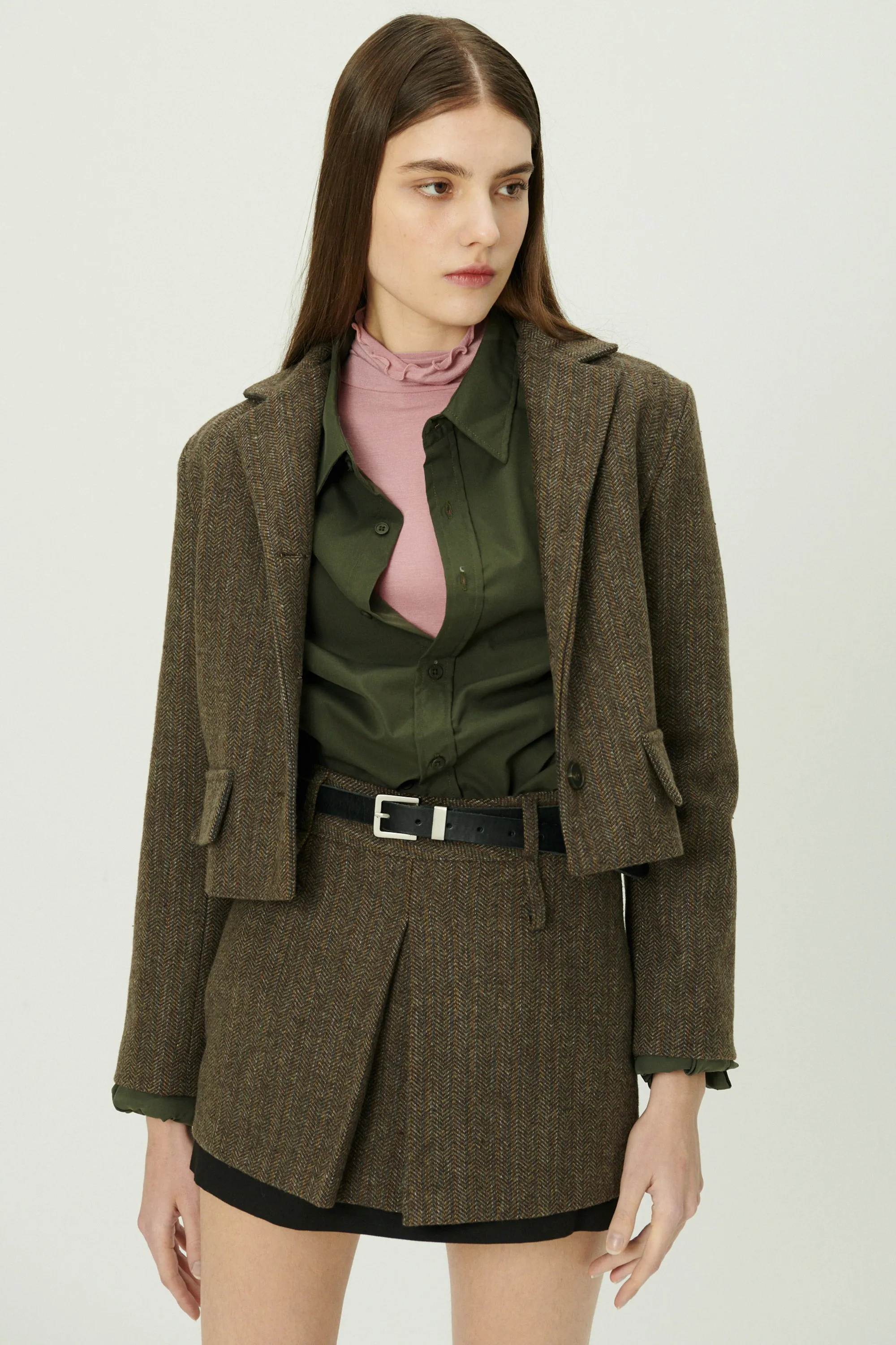 Miquela Herringbone Crop Blazer
