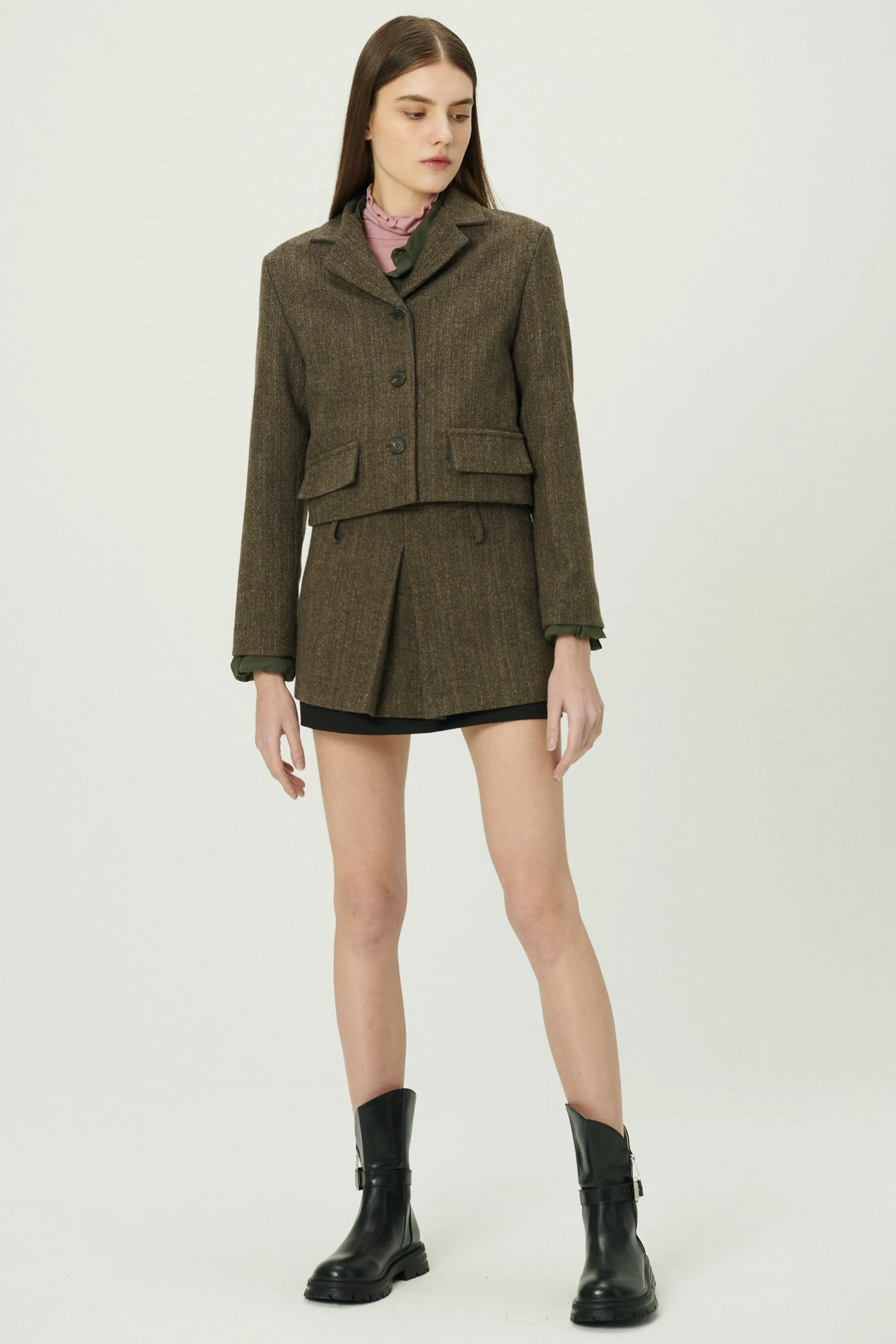 Miquela Herringbone Crop Blazer