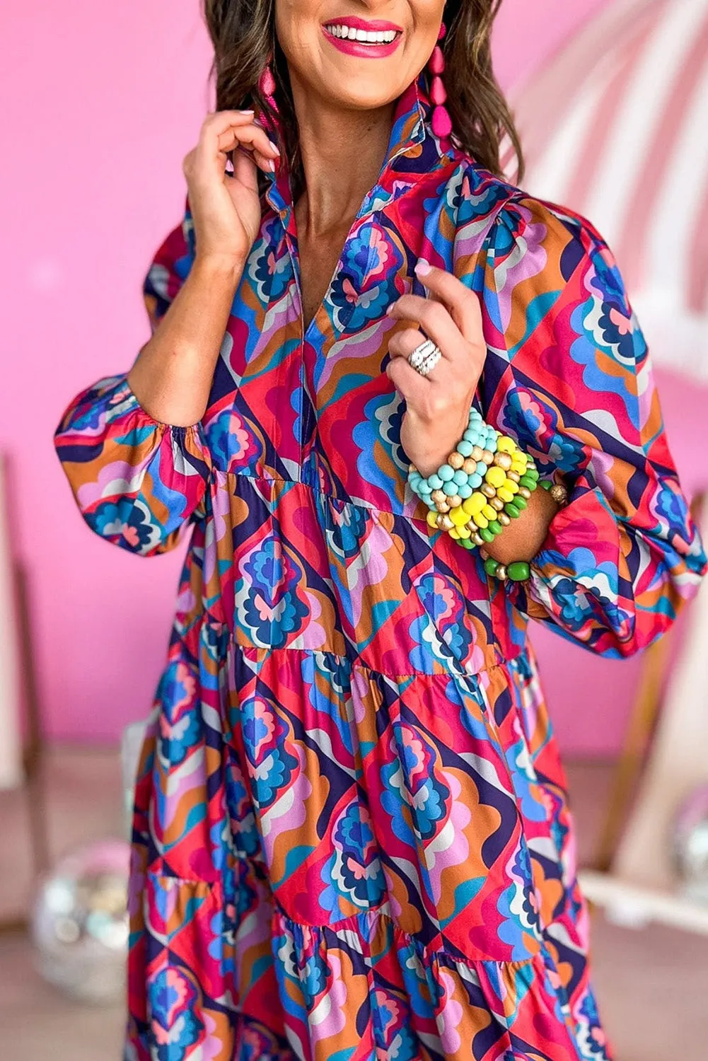 Multicolor Abstract Geometric Print Long Sleeve High Waist Dress