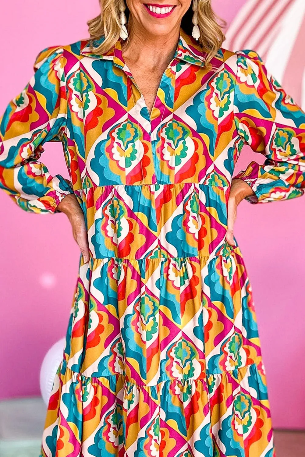 Multicolor Abstract Geometric Print Long Sleeve High Waist Dress