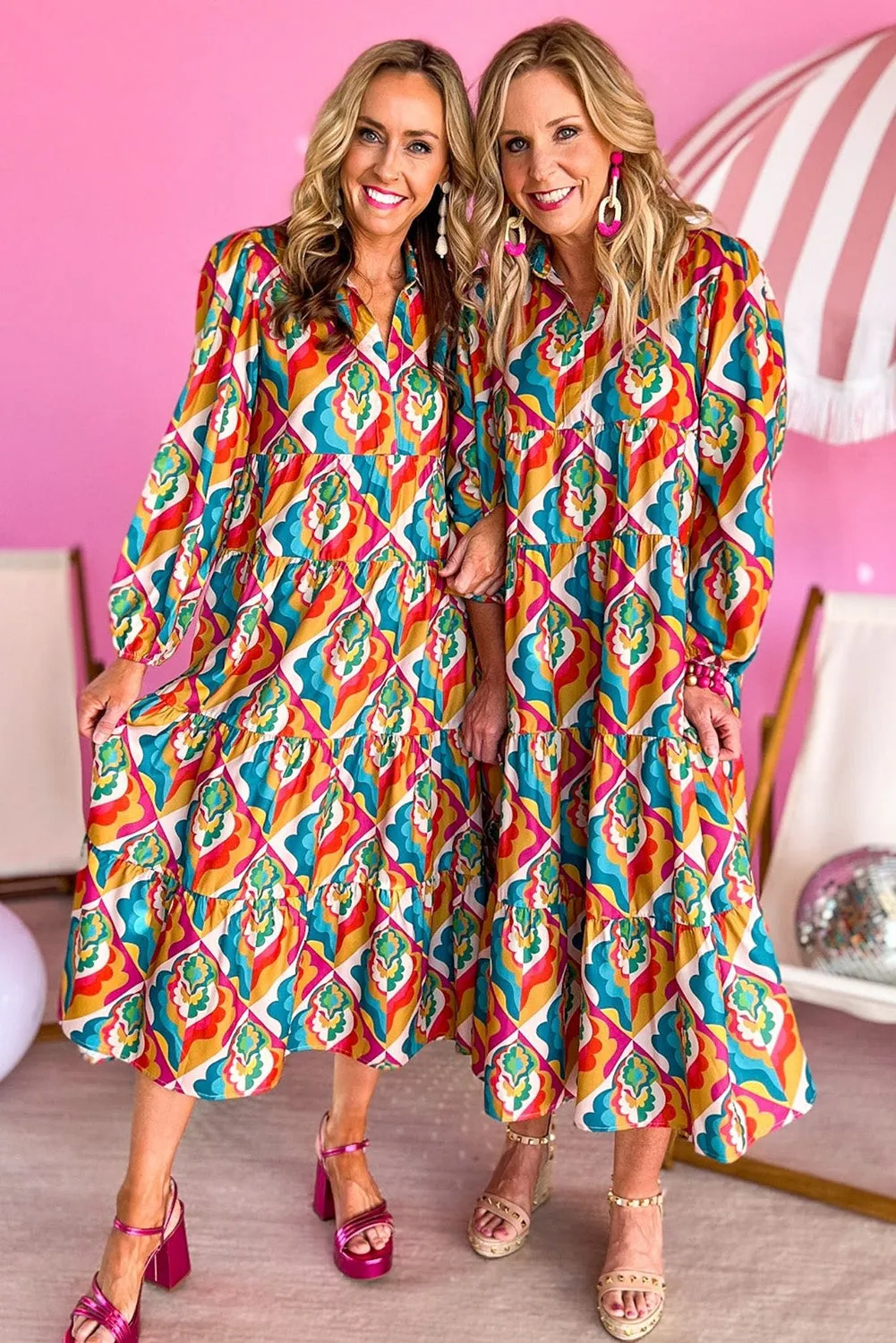 Multicolor Abstract Geometric Print Long Sleeve High Waist Dress