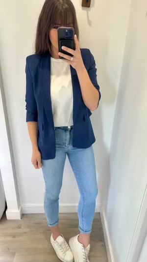 NAVY RUCHED SLEEVE BLAZER