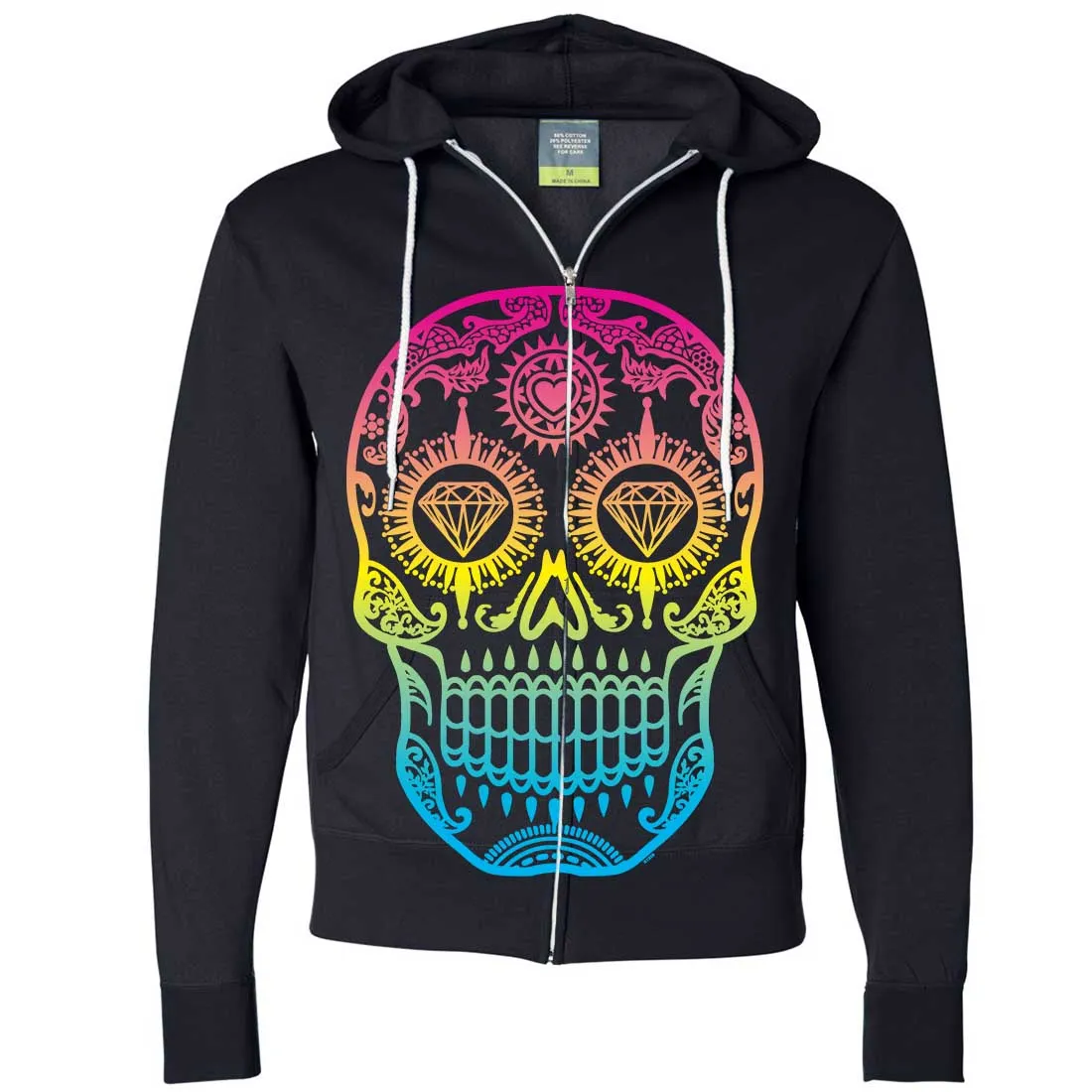 Neon Diamond Eyes Smiling Sugar Skull Zip-Up Hoodie