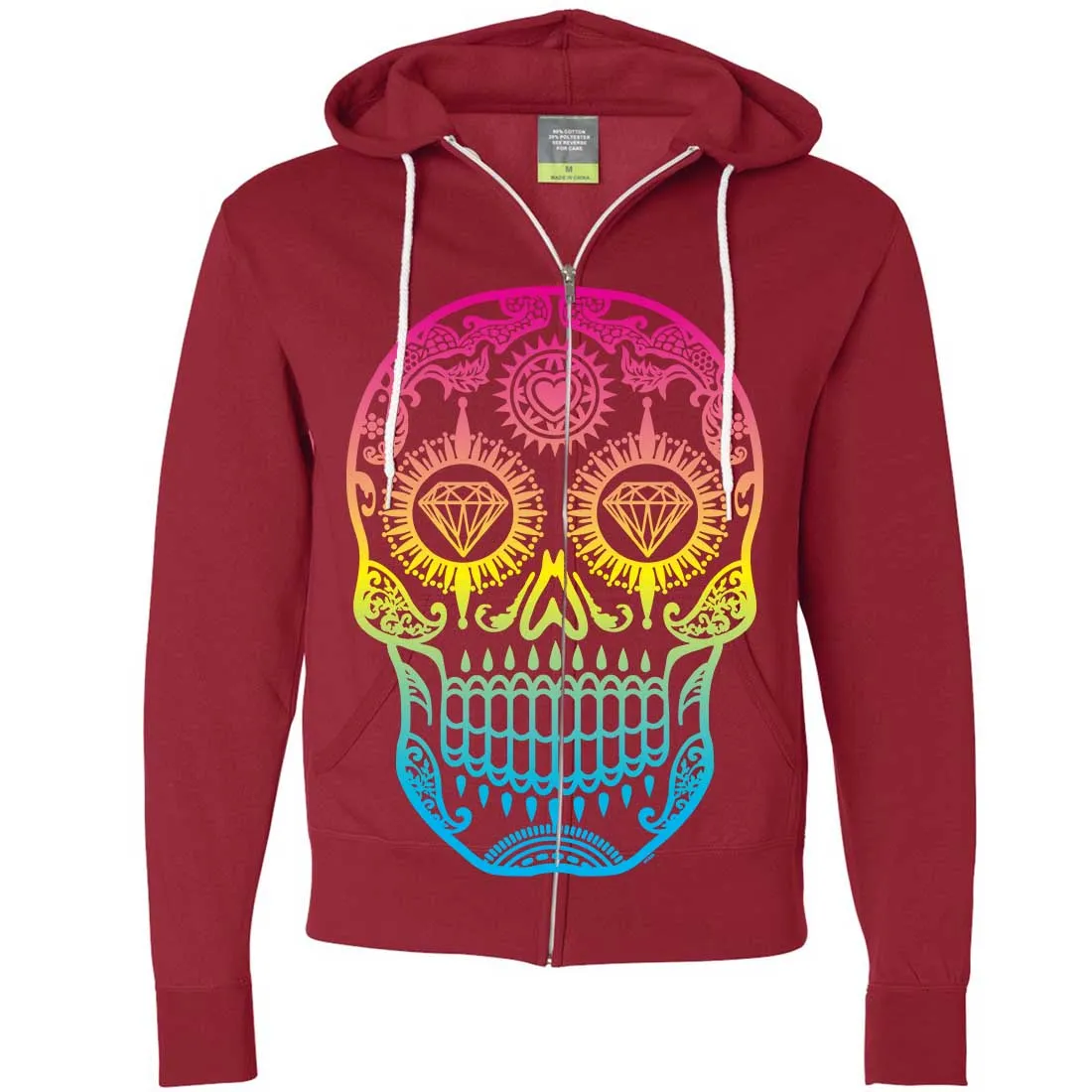 Neon Diamond Eyes Smiling Sugar Skull Zip-Up Hoodie