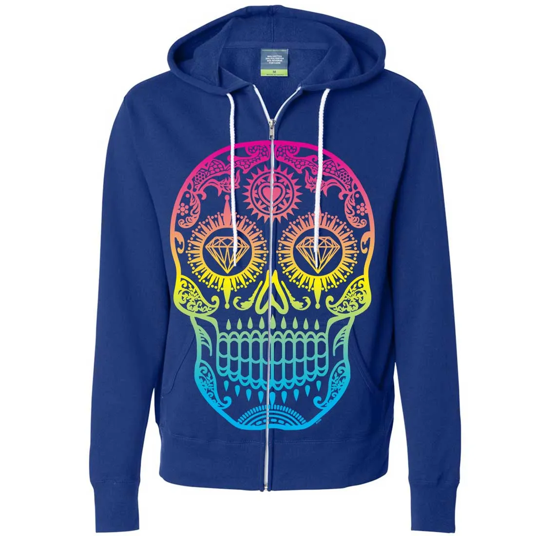 Neon Diamond Eyes Smiling Sugar Skull Zip-Up Hoodie