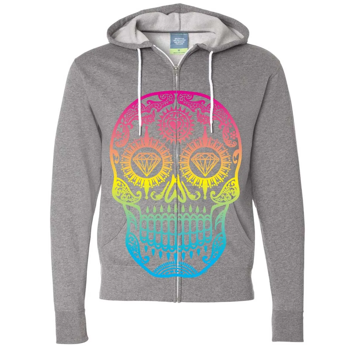 Neon Diamond Eyes Smiling Sugar Skull Zip-Up Hoodie
