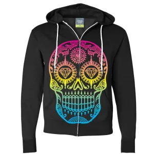 Neon Diamond Eyes Smiling Sugar Skull Zip-Up Hoodie