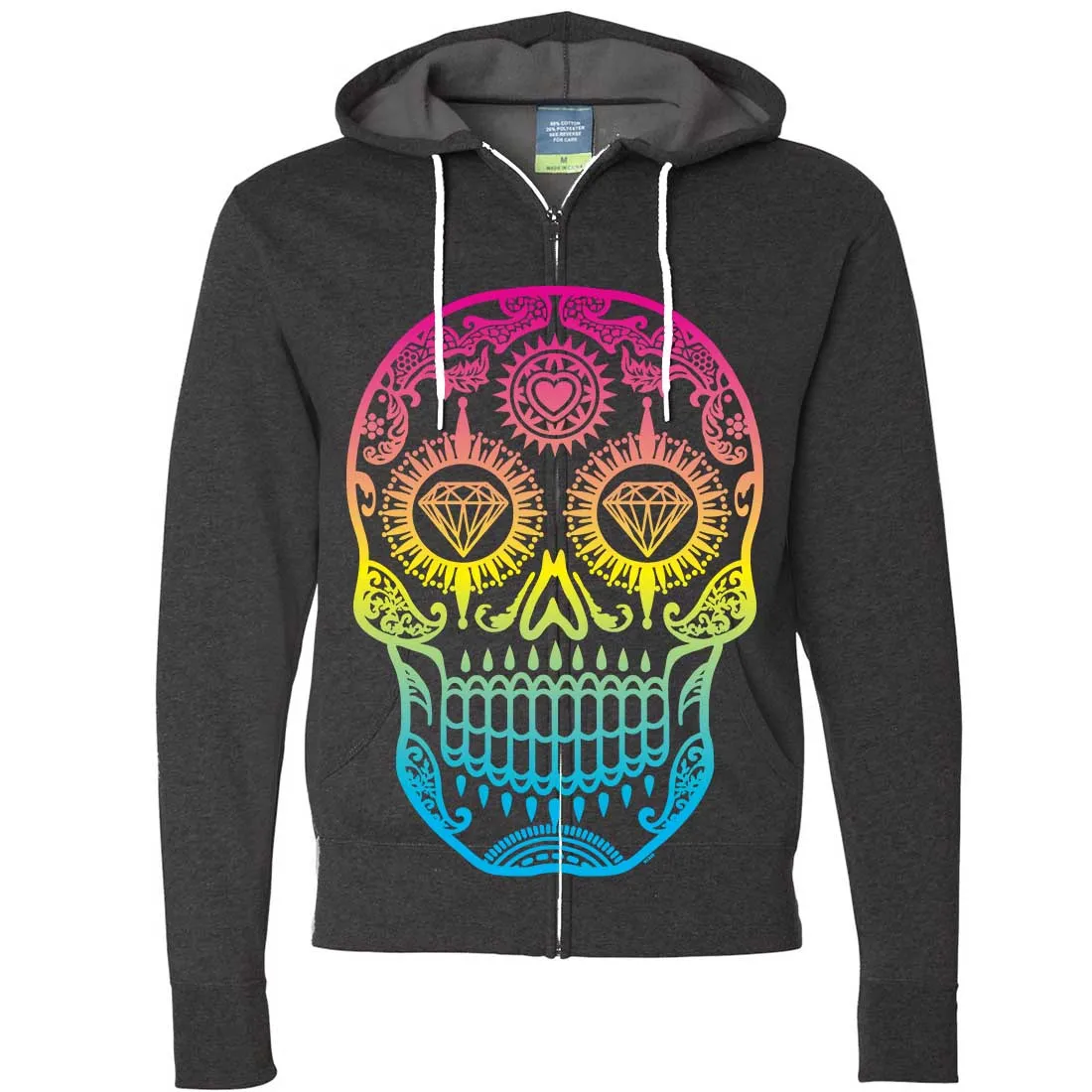 Neon Diamond Eyes Smiling Sugar Skull Zip-Up Hoodie