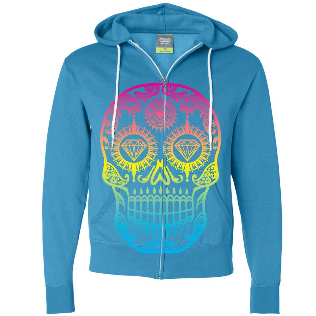 Neon Diamond Eyes Smiling Sugar Skull Zip-Up Hoodie