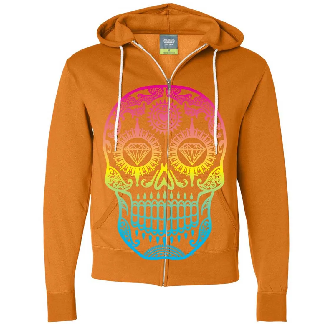 Neon Diamond Eyes Smiling Sugar Skull Zip-Up Hoodie