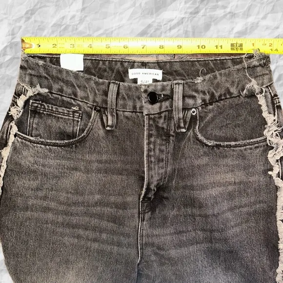 NWT Good‎ American 27 Good Boy Frayed Outseam Washed Black Straight Leg Jeans