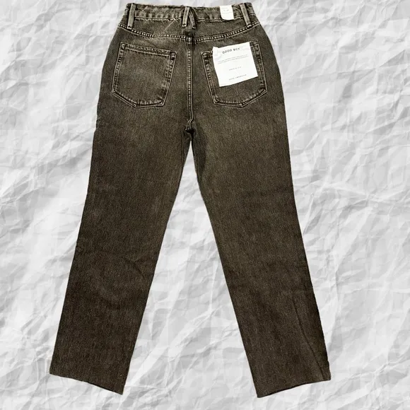 NWT Good‎ American 27 Good Boy Frayed Outseam Washed Black Straight Leg Jeans