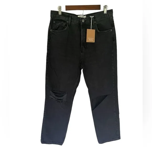 NWT Reformation Cynthia High Rise Distressed Black Straight Leg Jeans Size 31