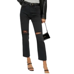 NWT Reformation Cynthia High Rise Distressed Black Straight Leg Jeans Size 31