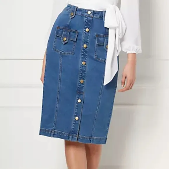 NY &amp; Co. Lyonne Blue Denim Midi Skirt - Eva Mendes Collection - Size XS