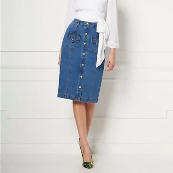 NY &amp; Co. Lyonne Blue Denim Midi Skirt - Eva Mendes Collection - Size XS