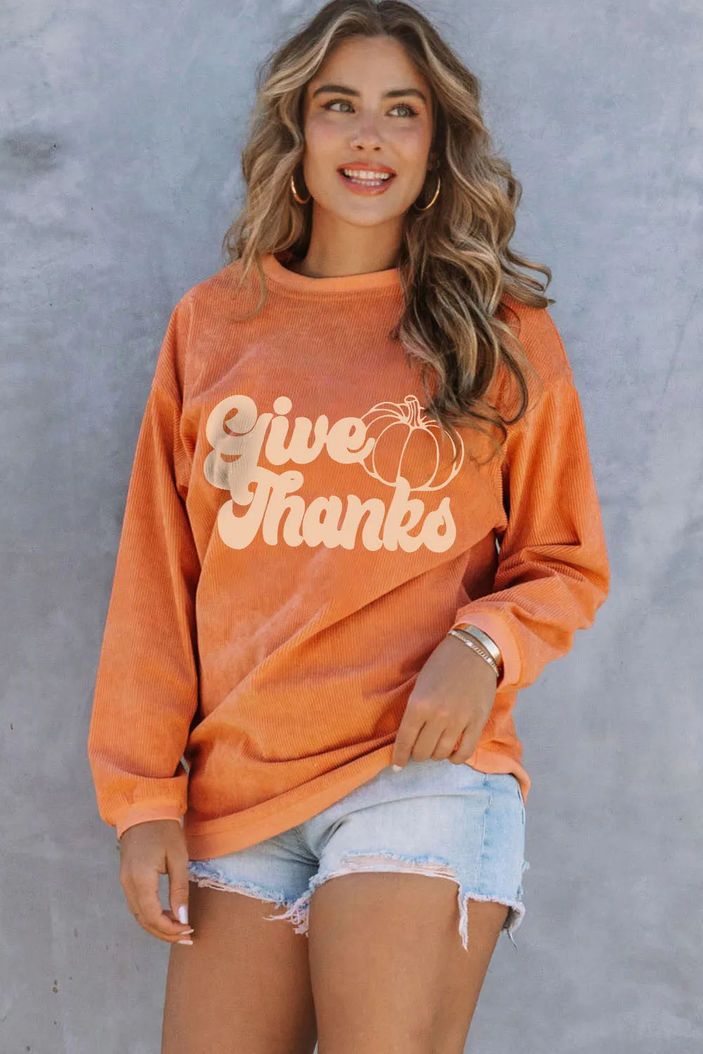 Orange Give Thanks Pumpkin Graphic Corded Sweatshirt