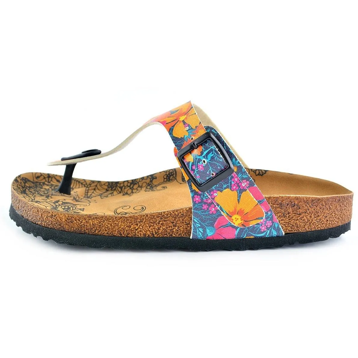 Orange, Purple Flowers Patterned and Yellow Cat, Meow Written, Patterned Sandal - CAL517