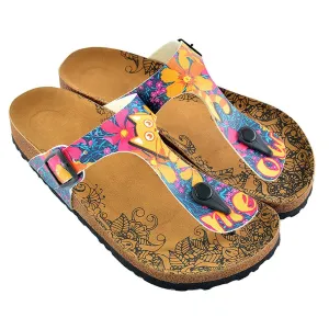 Orange, Purple Flowers Patterned and Yellow Cat, Meow Written, Patterned Sandal - CAL517