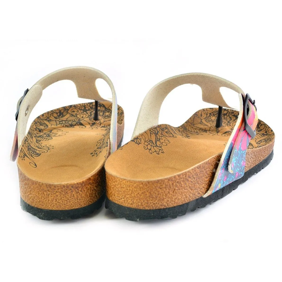 Orange, Purple Flowers Patterned and Yellow Cat, Meow Written, Patterned Sandal - CAL517