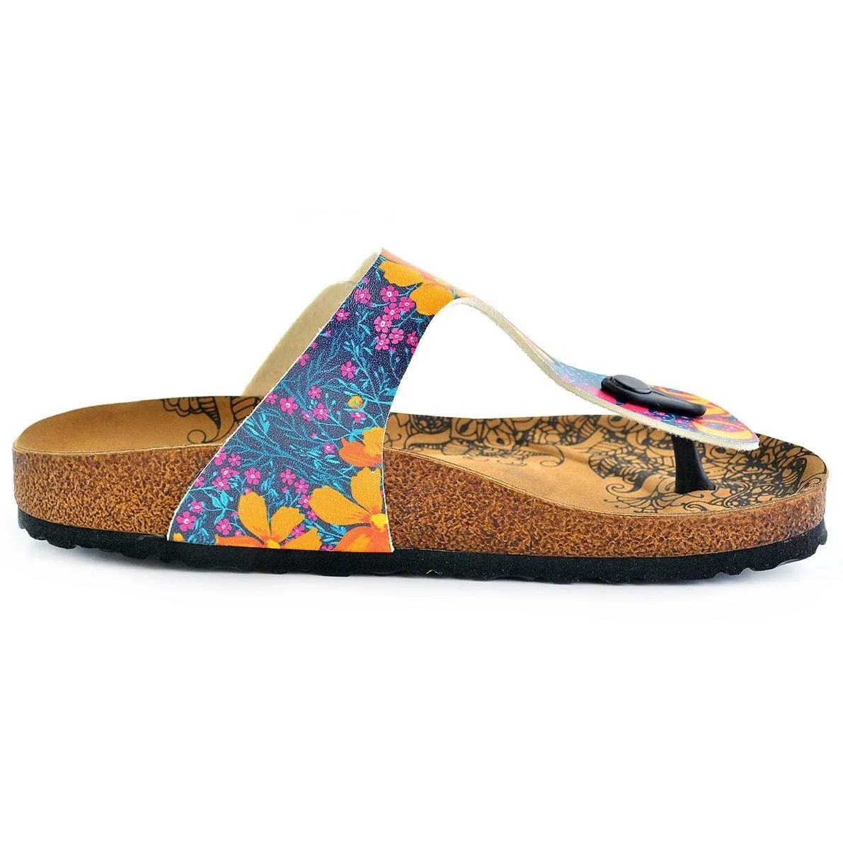 Orange, Purple Flowers Patterned and Yellow Cat, Meow Written, Patterned Sandal - CAL517