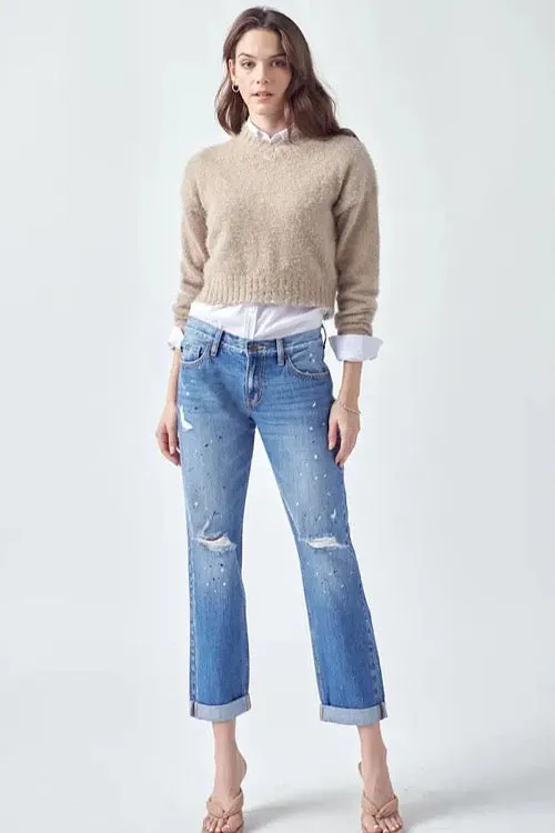 Paint Effect Distressed Boyfriend Jeans