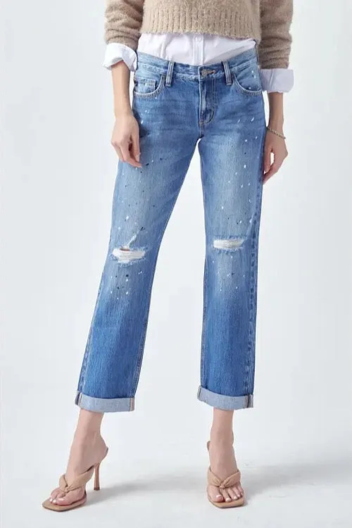 Paint Effect Distressed Boyfriend Jeans