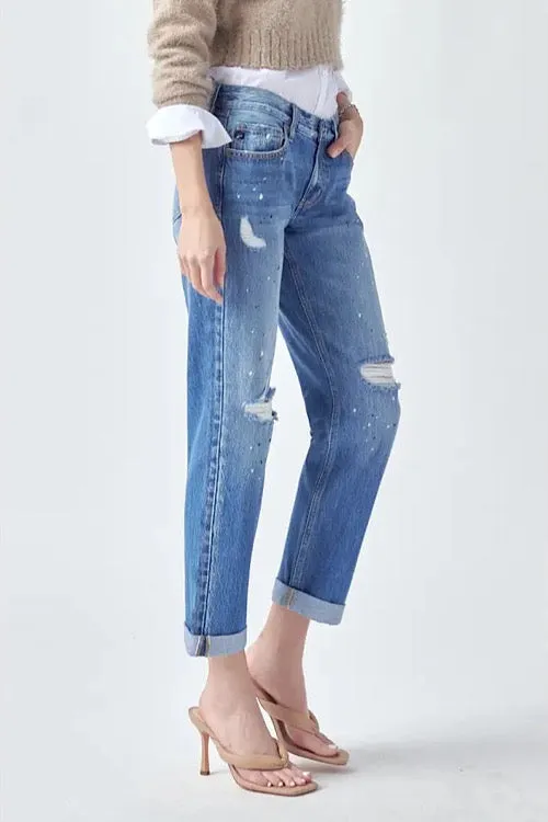 Paint Effect Distressed Boyfriend Jeans