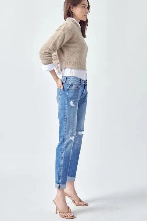 Paint Effect Distressed Boyfriend Jeans