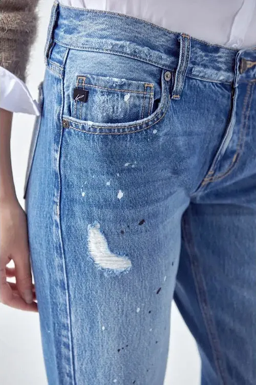 Paint Effect Distressed Boyfriend Jeans