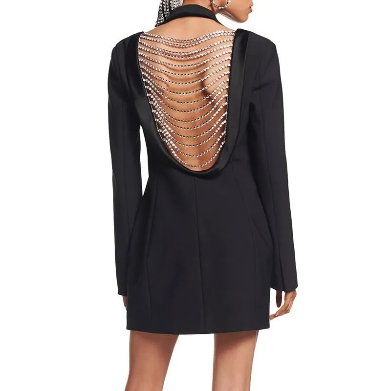 Patchwork Diamond Sexy Black Open Back Female Blazer Notched Slim Jackets
