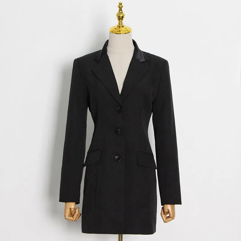 Patchwork Diamond Sexy Black Open Back Female Blazer Notched Slim Jackets