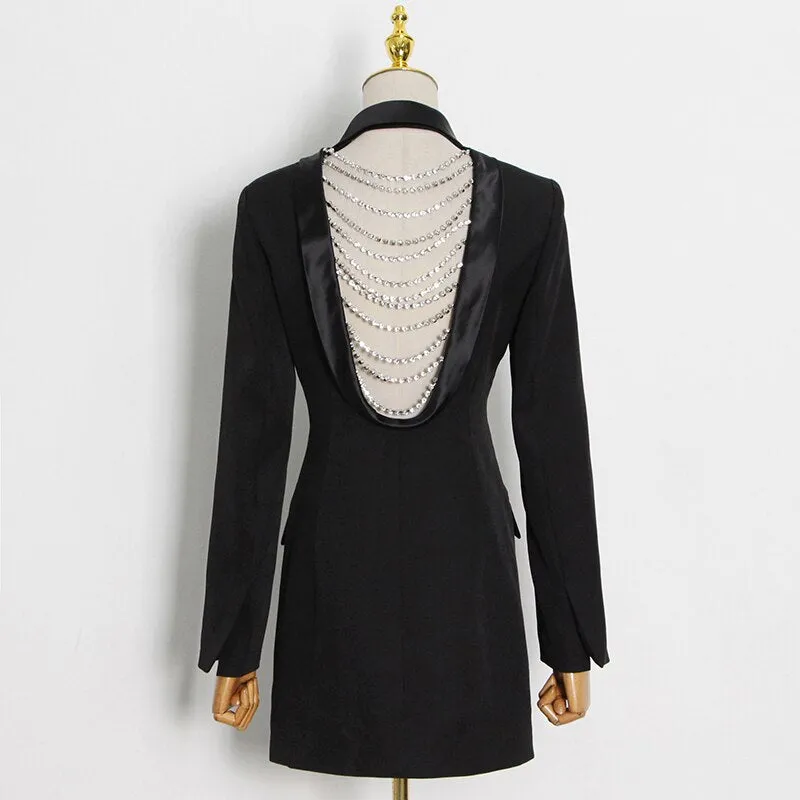Patchwork Diamond Sexy Black Open Back Female Blazer Notched Slim Jackets