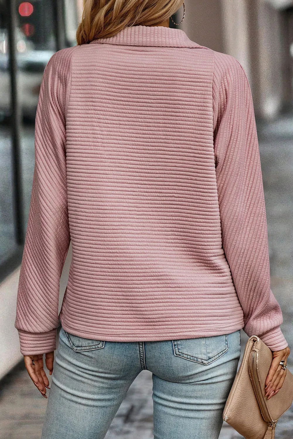 Peach Blossom Ribbed Texture Quarter Zip Sweatshirt