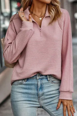 Peach Blossom Ribbed Texture Quarter Zip Sweatshirt