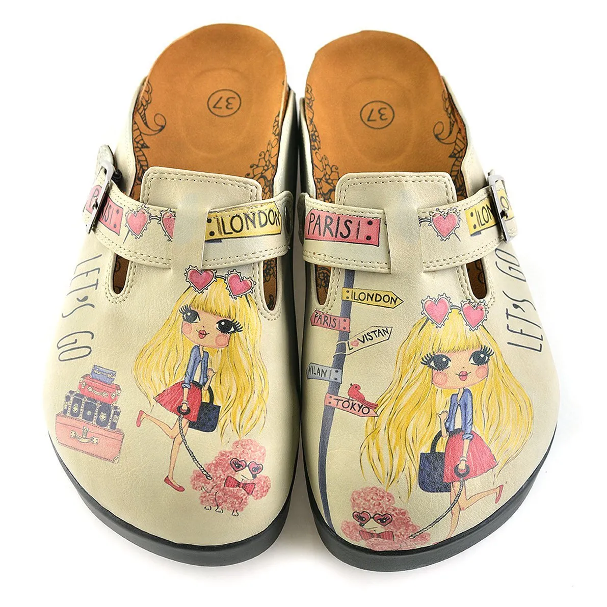 Pink and Yellow Colored, London, Paris Written, Traveling Blonde Girl Clogs - CAL701
