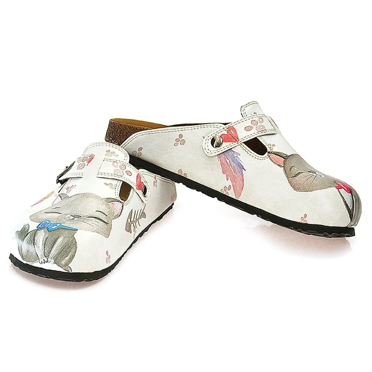 Pink Colored Paw, Grey Cute Cat Patterned Clogs - WCAL330