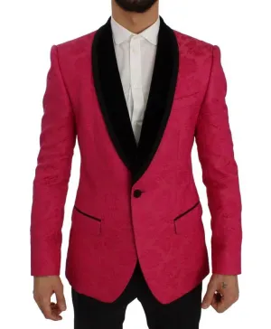 Pink Floral Brocade Slim Blazer Jacket