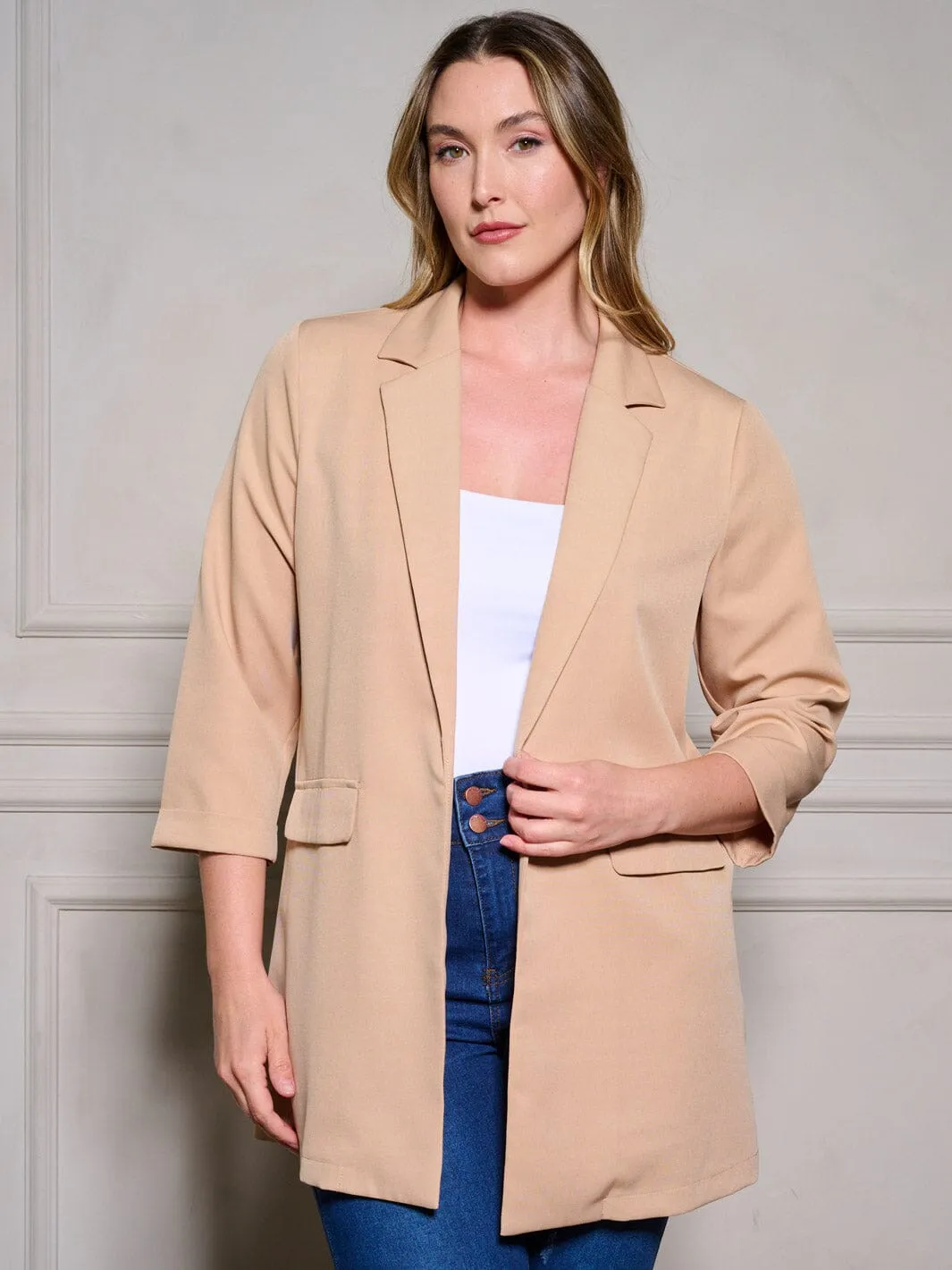 PLUS SIZE 3/4 SLEEVE OPEN FRONT BLAZER