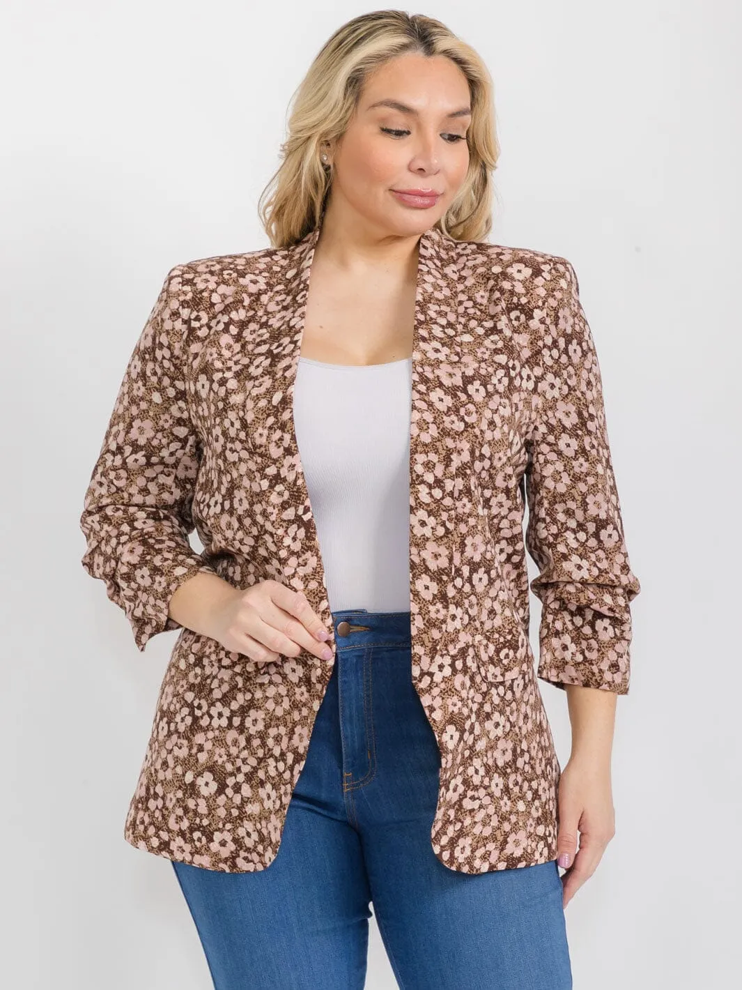 PLUS SIZE 3/4 SLEEVE OPEN FRONT FLORAL BLAZER
