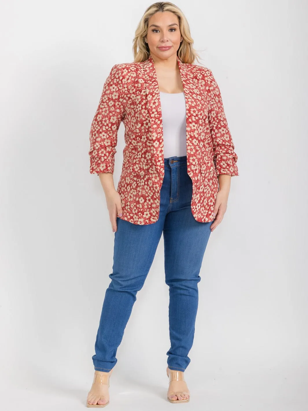 PLUS SIZE 3/4 SLEEVE OPEN FRONT FLORAL BLAZER
