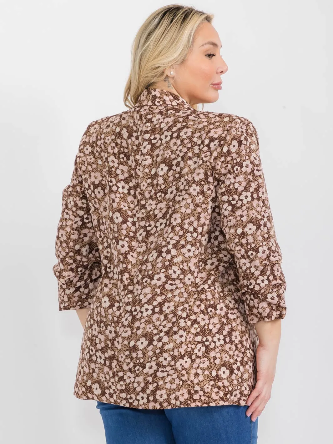 PLUS SIZE 3/4 SLEEVE OPEN FRONT FLORAL BLAZER