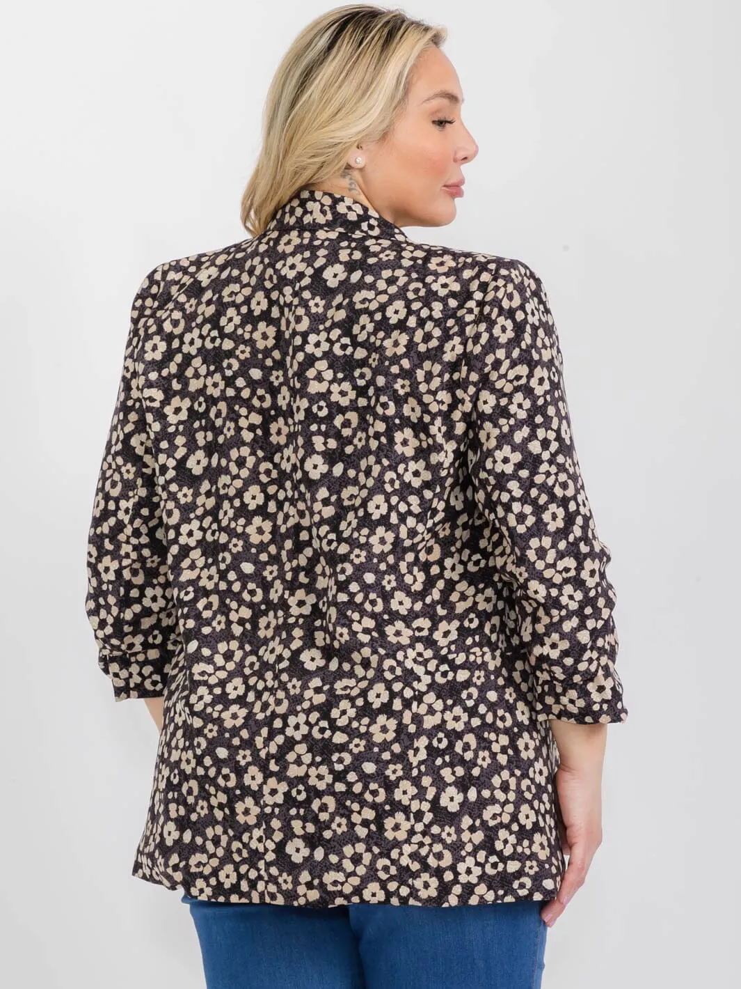 PLUS SIZE 3/4 SLEEVE OPEN FRONT FLORAL BLAZER