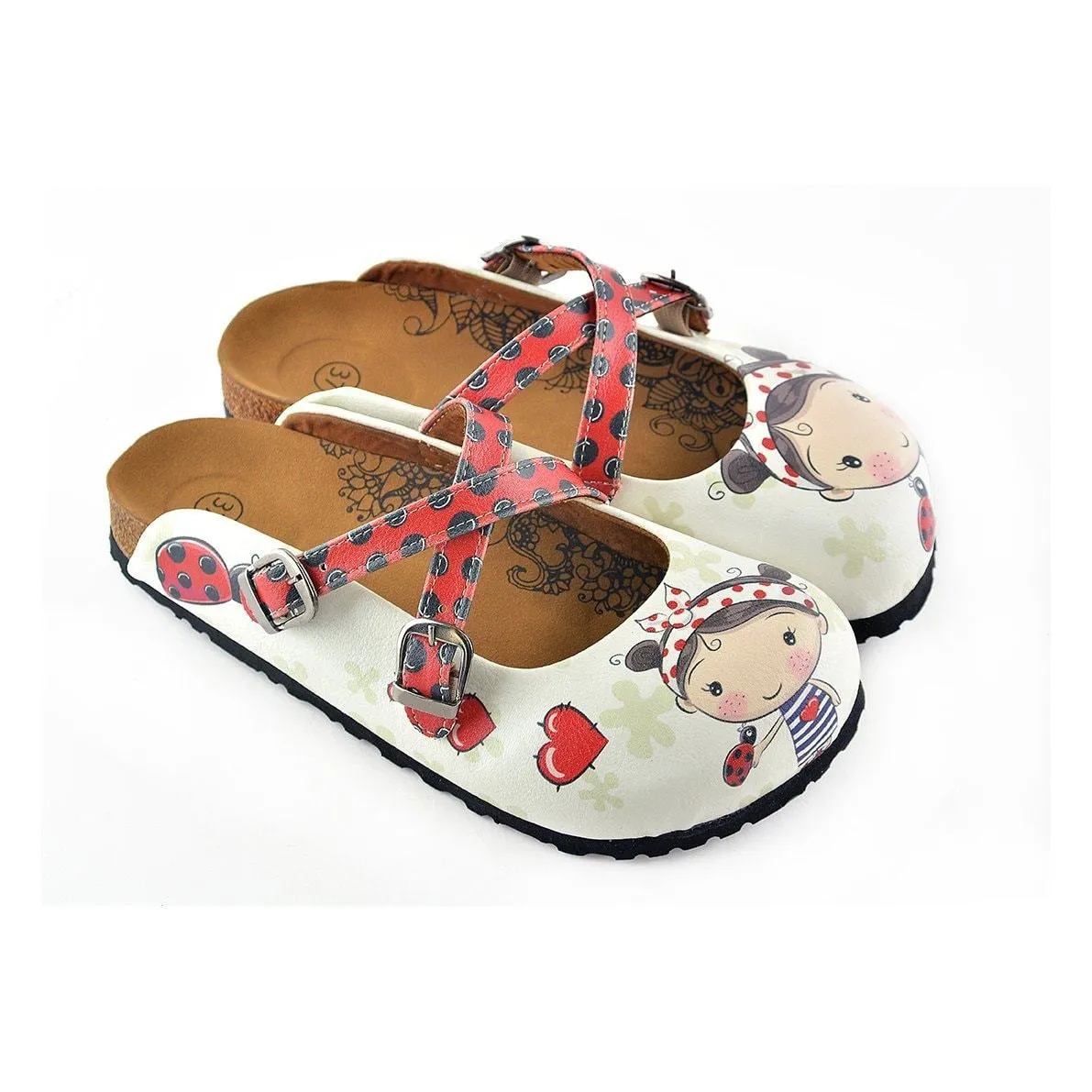 Red and Black Colored, Polkadot and Red Color Ladybug, Sweet Girl Patterned Clogs - WCAL120