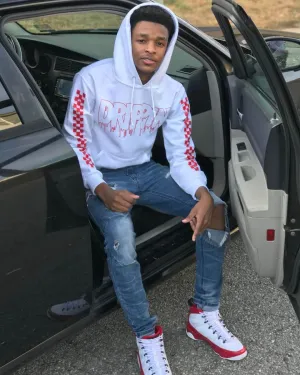 Red Drippin Outline | White Hoodie (Solid Checkered Drippin Sleeve)