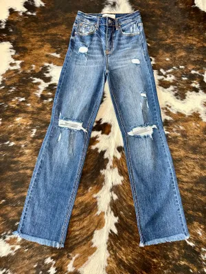 RESTOCK Deep Down Dark Wash Distressed Straight Leg Risen Jean