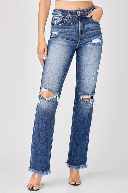 RESTOCK Deep Down Dark Wash Distressed Straight Leg Risen Jean