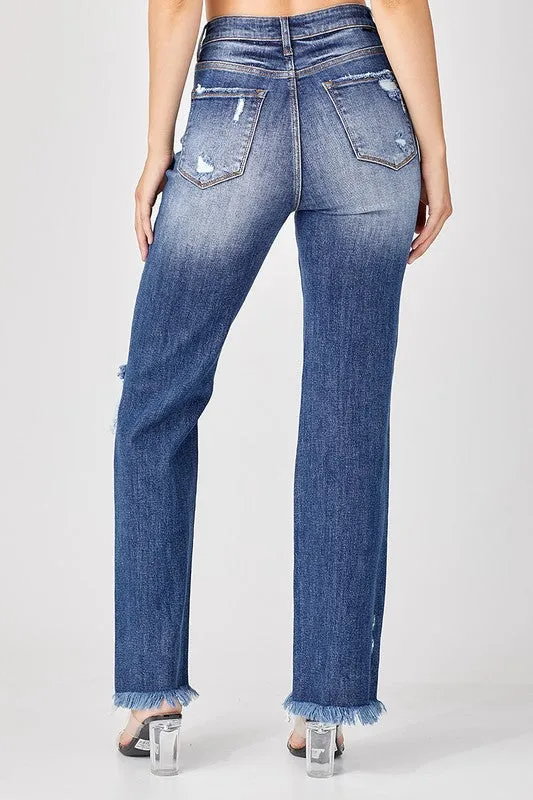 RESTOCK Deep Down Dark Wash Distressed Straight Leg Risen Jean