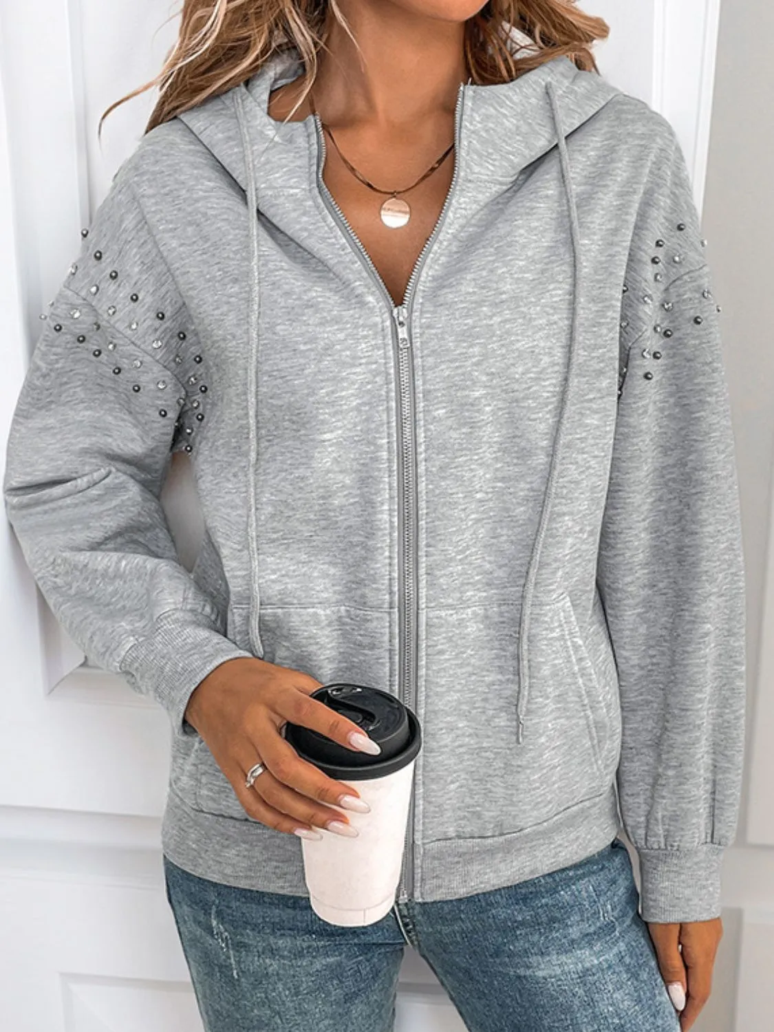 Rhinestone Zip Up Long Sleeve Hoodie