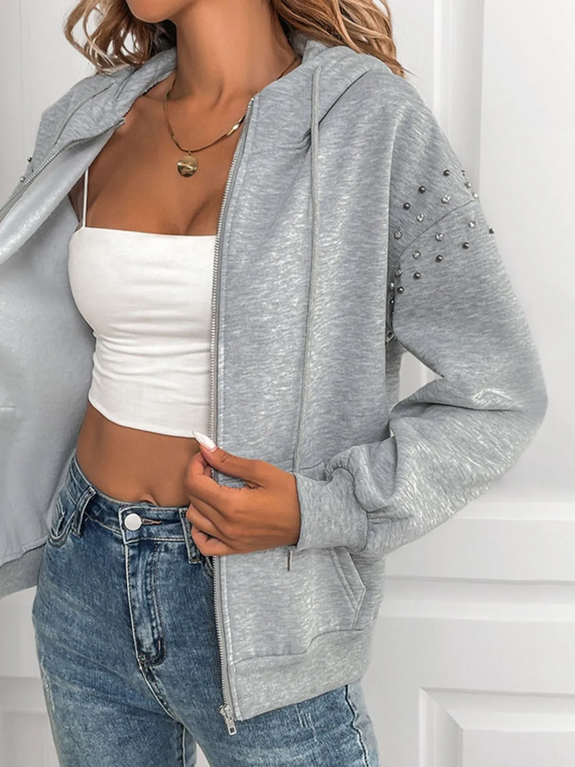 Rhinestone Zip Up Long Sleeve Hoodie